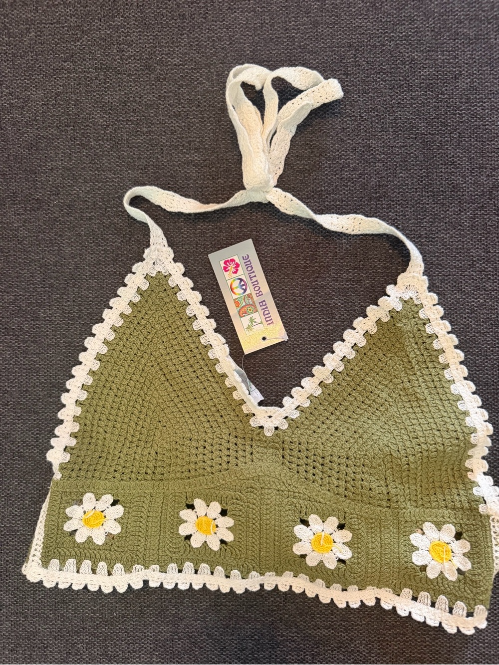NWT Crochet Daisy Halter Top in Olive Green & White India Boutique Boho